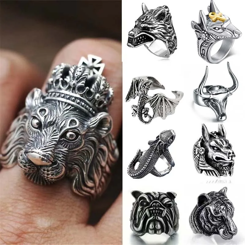 Men'S Finger Ring Gothic Punk Animal Punk Anubis Wolf Egyptian Cross Tiger Lion Adjustable New In Ring Jewelry Accessories