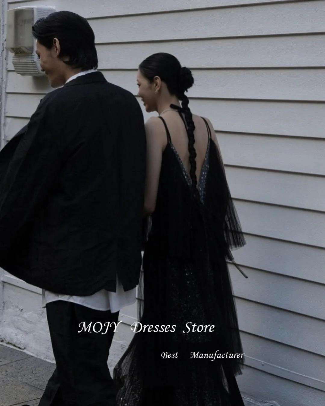 Mojy brokatowe czarne długie suknie wieczorowe wielowarstwowe koreańskie suknie ślubne bez rękawów sesja zdjęciowa formalne suknie balowe dostosowane