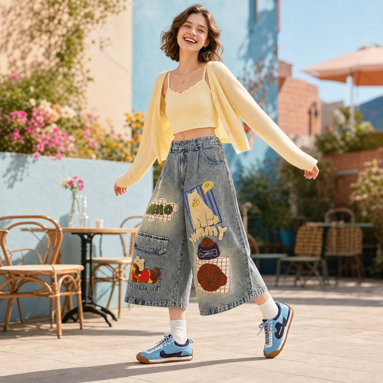 American Streetwear Pants Towel Embroidered with Puppy Pattern Multiple Pockets Seven Quarter Jeans Men and Women Baggy Shorts