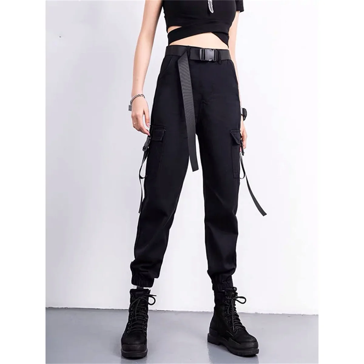 2025 pantalones Cargo de moda para mujer, pantalones de Skateboarding con bandas en el tobillo a juego de colores, pantalones de chándal negros para correr, ropa de calle para mujer