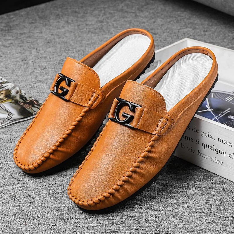 Leather Mules Sandals Men Casual Shoes Summer Man Slides Slip-On Backless Loafers Slippers Half Shoe For Men Mule Masculino