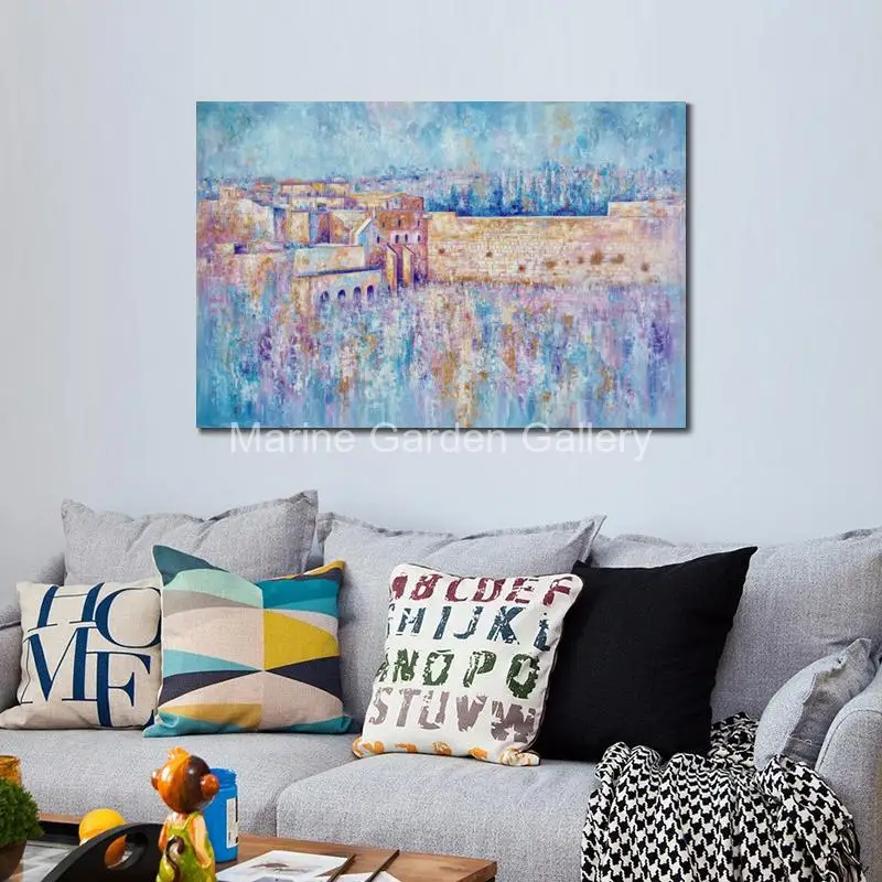 Gold Jewish Canvas Art Kotel Abstract Oil Painting Handmade Jerusalem Artwork Holy City Modern Living Room Decor Large Textured