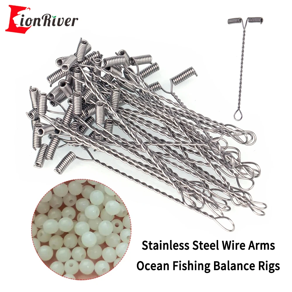 LIONRIVER 50pcs 5cm -15cm Saltwater Fishing T Shaped Steel Wire Arm With Beads Balance Rigs Fishing Hooks LineLure Connector