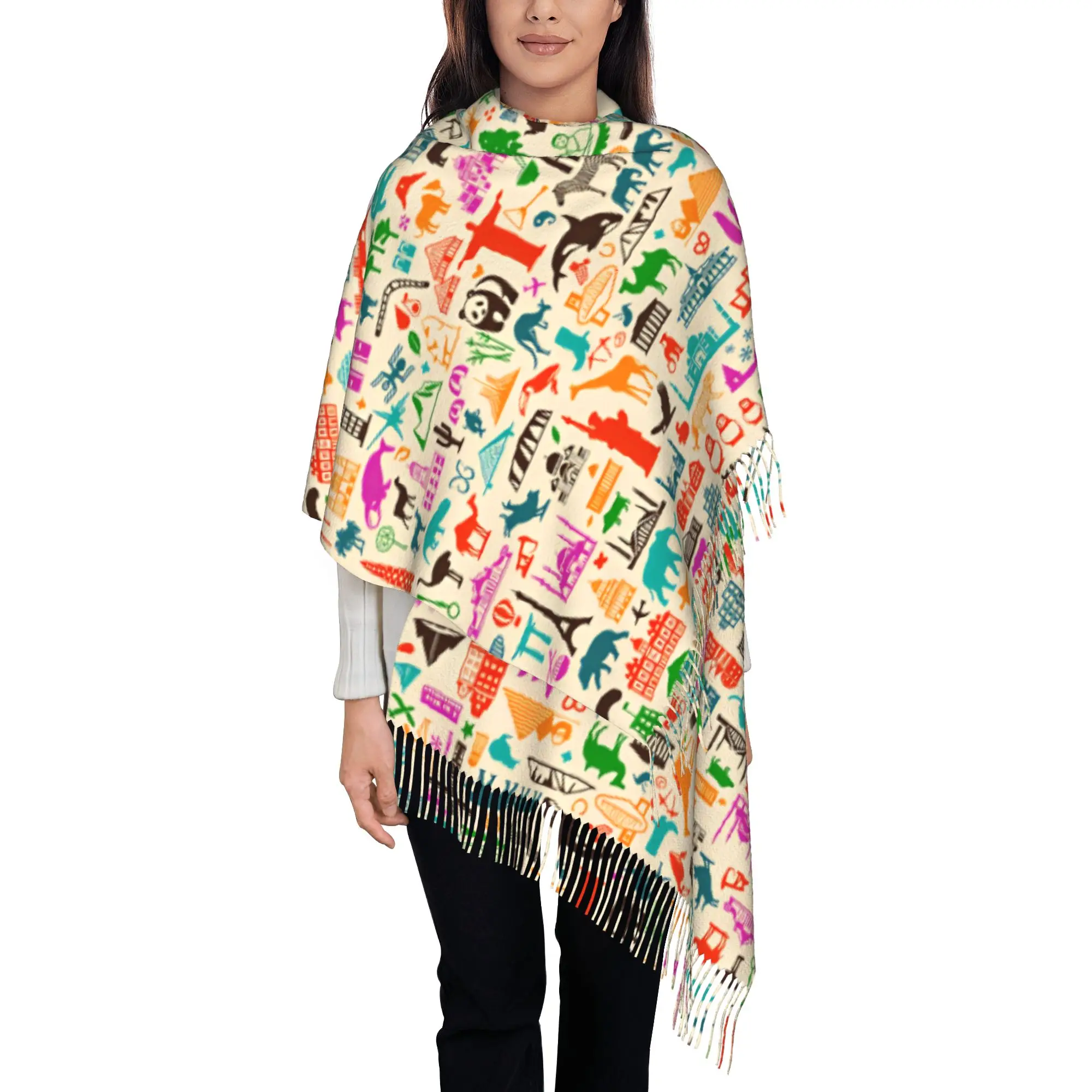 Custom  Colorful World Travel Landmark Animal Silhouette Collage Print Scarves Women Winter Soft Warm Tassel Shawl Wraps  Scarf