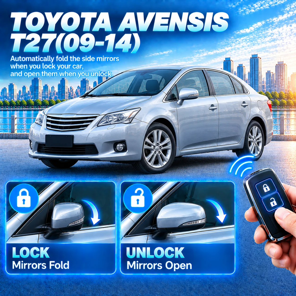 Suitable for Toyota Avensis T27 (2009–2014) rearview mirror folding module retrofit: folds upon locking, unfolds upon unlocking