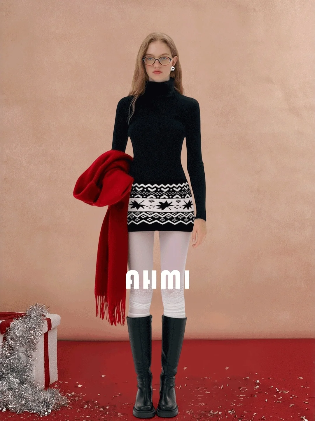 

Вязаное платье-свитер AHMI Cisas с высоким воротником и узором «снежинка», длинное, теплое, осенне-зимнее, А-силуэт, для девочек