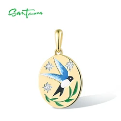 SANTUZZA Authentic 925 Sterling Silver Pendant For Women Sparkling White CZ Enamel Blue Bird Antique Look Party Fine Jewelry