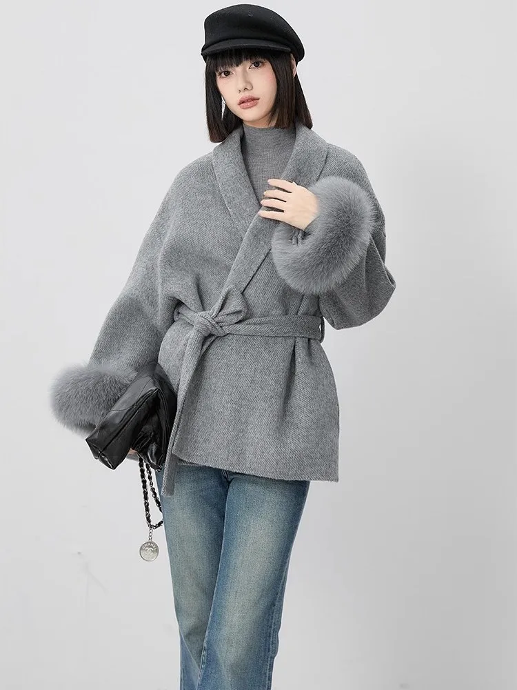 Double Sided Cashmere Coat With Straps For Women\'S Autumn And Winter Haute Couture Cape Fur Cuffs Detachable Fox Fur Short Coat