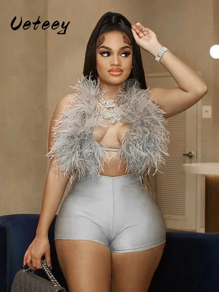 

Ueteey Sexy Hipster 2 Piece Set Women Y2K Summer Luxury Furs Tank Tops+Tight Stretch Shorts Midnight Clubwear Party Suits