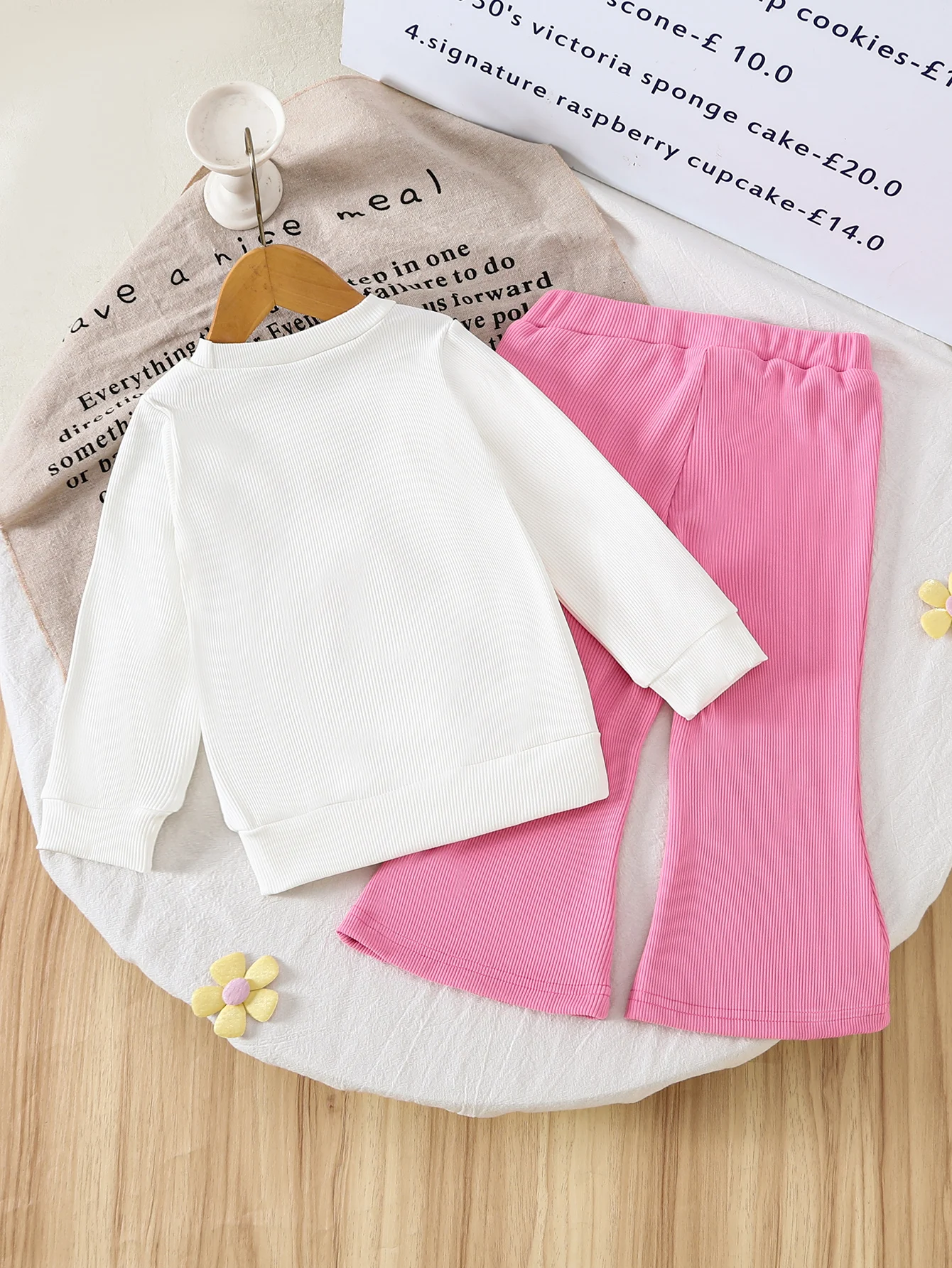 6M-3Y Baby Girl 2Pcs Outfit 3D Colorful Flower Long Sleeve Ribbed Top Pink Flared Pants Toddler Casual Clothing Set