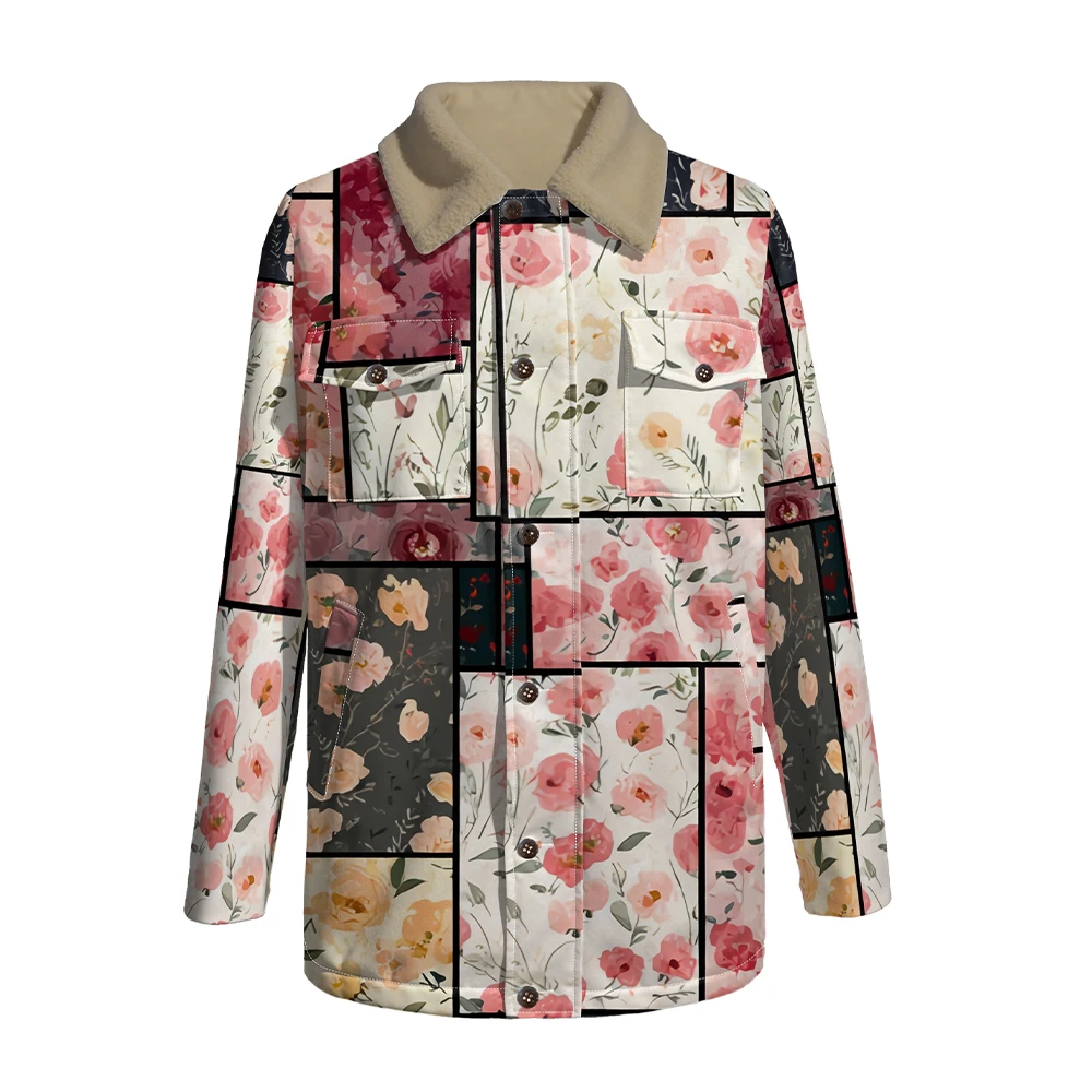 Vibrant Floral Patchwork Jacket Faux Fur Collar Vintage Button-Up Coat Pockets Unisex Artistic Outerwear Korean Fashion Trends