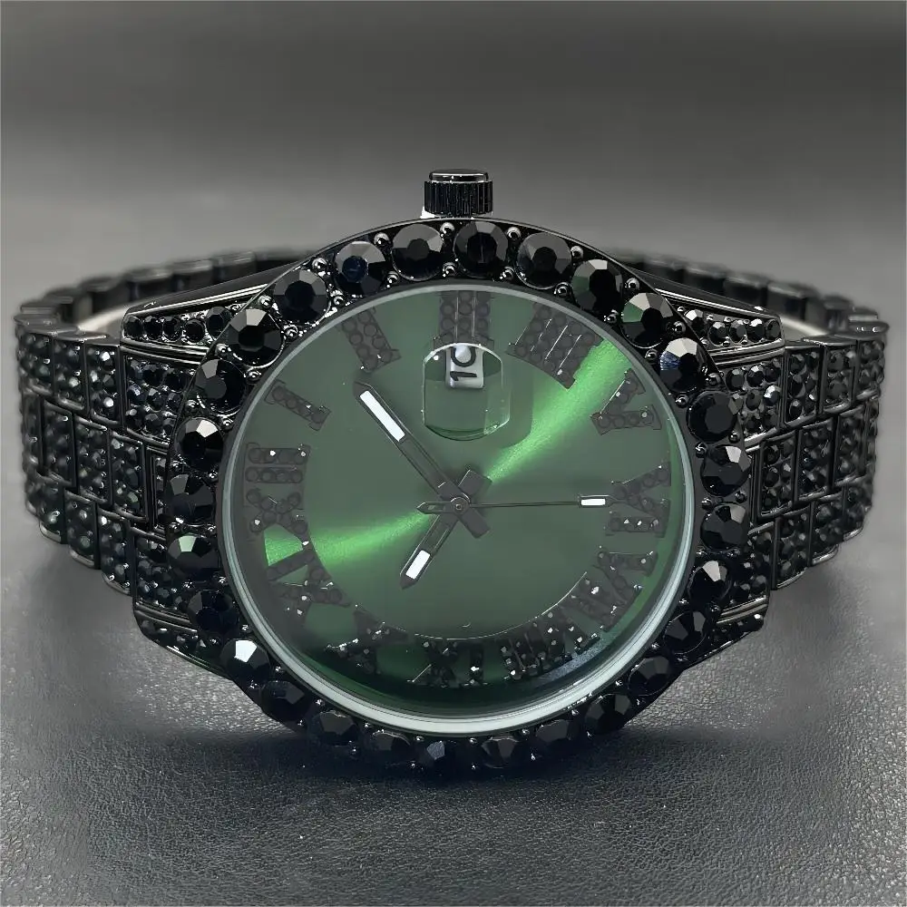 2024 MISSFOX Green Watch For Men Fashion Iced Out Quartz Clock Man Hip Hop Black Diamond Auto Date WristWatch Reloj Dropshipping