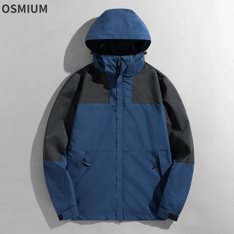 Men Blue White Contrast Color Outdoor Jacket Oversize Work Clothes Couple Male Long Sleeve Hooded Outerwear Coat Plus Size 5xl