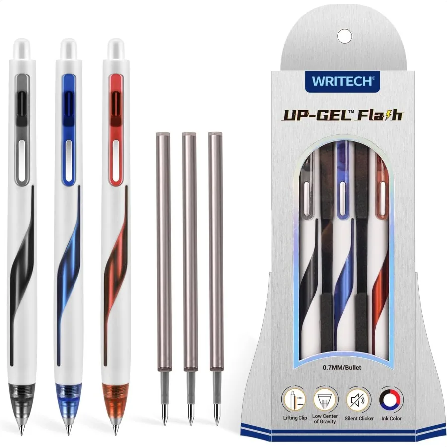 

Retractable Gel Ink Pens: Low Center of Gravity 0.7mm Medium Point Pen Multicolor with Refills No Smear Silent Click Black Blue