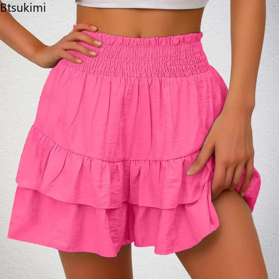 

2024 Summer Women's Solid High Waist Wide Leg Shorts Fashion Ruffle Hem Layered Design A-line Mini Skirt Ladies Casual Culottes