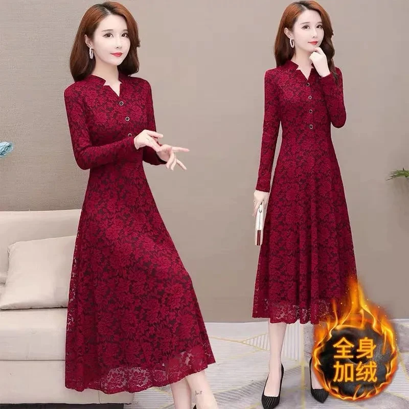 5XL Women\'s Lace Dress Autumn Winter New Long Sleeve Add Velvet Dress Female Elegant Knitted A-line Long Veatidos