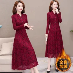 5XL Women's Lace Dress Autumn Winter New Long Sleeve Add Velvet Dress Female Elegant Knitted A-line Long Veatidos