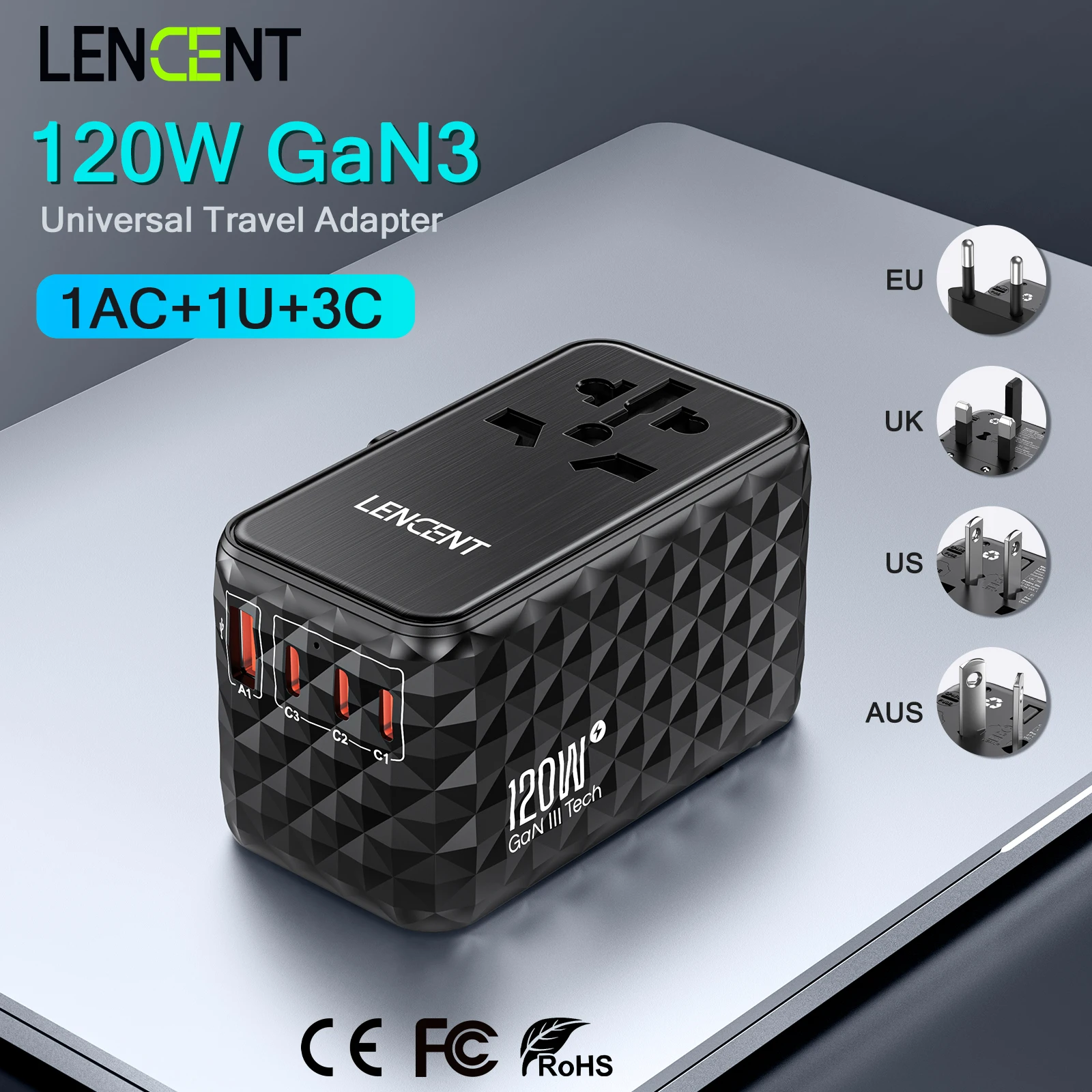 LENCENT 120W GaN International Travel Adapter with1 USB-A+3 Type-C  PD3.0 Fast Charging EU/UK/USA/AUS plug Travel Charger