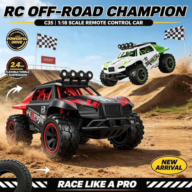 2026 New C35 1/18 4WD RC Car 30KM/H Offroad Monster Truck LED Headlights 2.4G Remote Control Car Outdoor Hobby Toy Gift For Kids