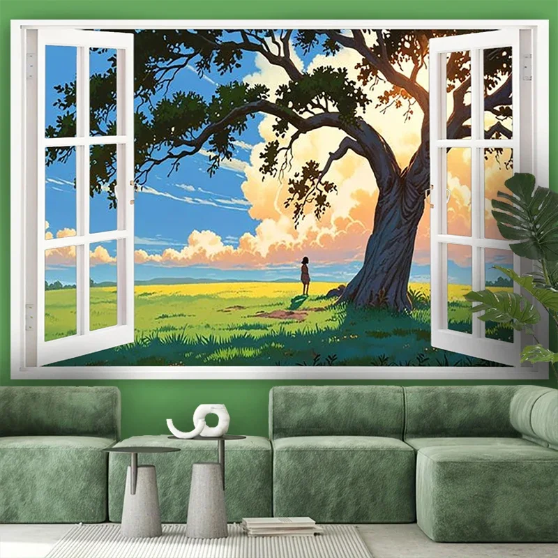 Large Canvas Wall Hanging Tropical Sunset Scene with Majestic Tree and Open French Doors Home Decor Art