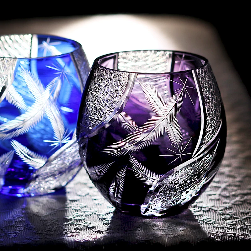 hand-carved-round-japanese-style-whiskey-glass-purple-color-overlay-crystal-with-unique-feathers-shape-330ml