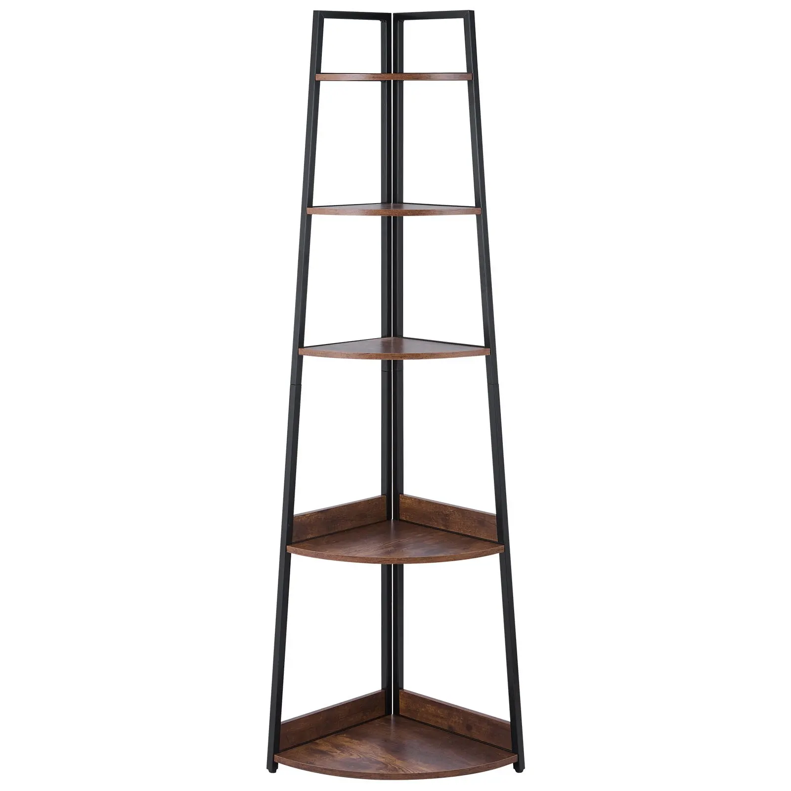 

5 Tier Corner Shelf, 70" Tall Corner Bookshelf With Metal Frame & Wooden Shelves, Industrial Corner Ladder Shelf For Living