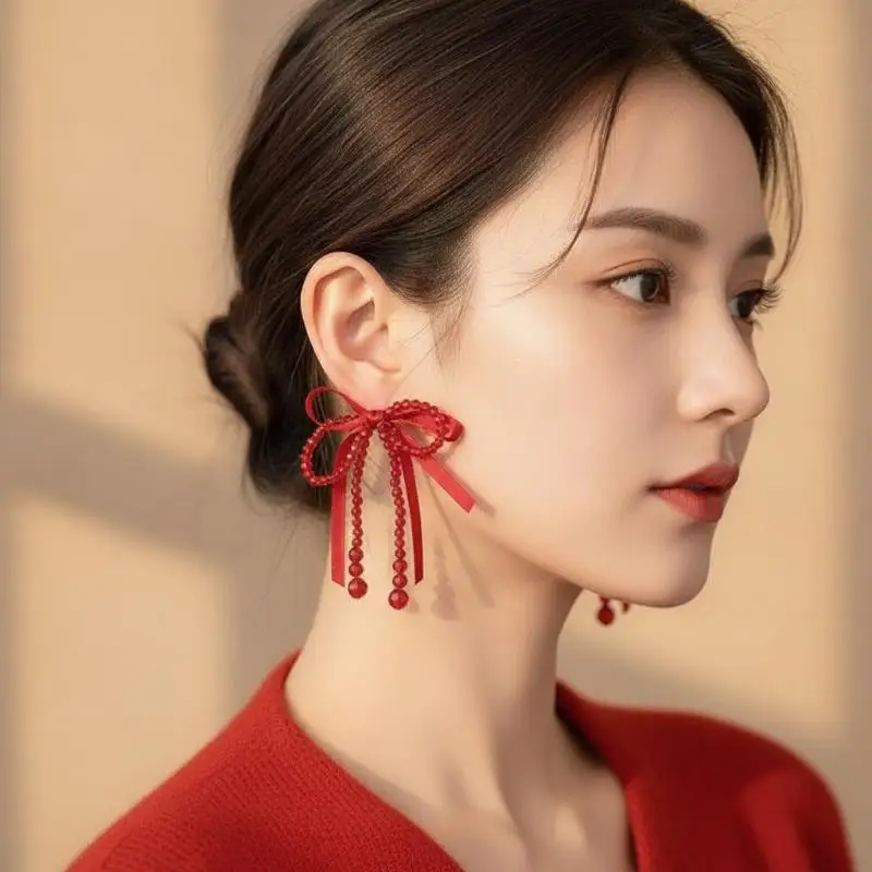 Boho Style Lucky Red Statement Earrings Ribbon Knot Tassel Long Drop Dangle Earrings for Women Dating Wear Gift