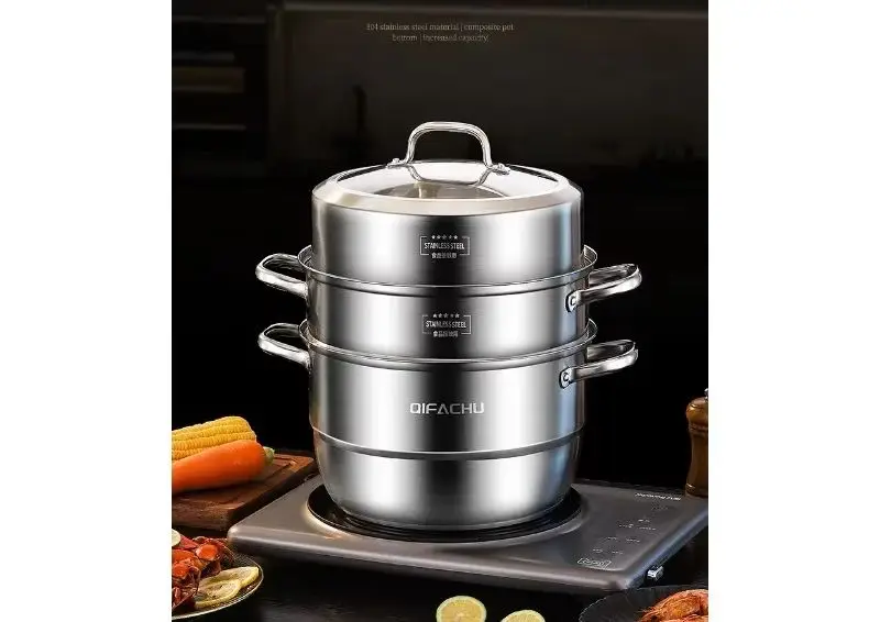 Household 304 Stainless Steel Steamer -Thick Bottom, Large Capacity, Dual-Layer and Triple-Layer Multi-Functional Universal Type