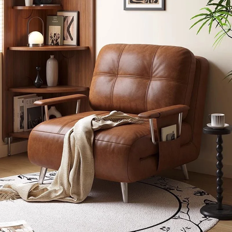 2025 new folding sofa bed single dual-purpose storage retro small apartment retractable study lunch break leather art sofa