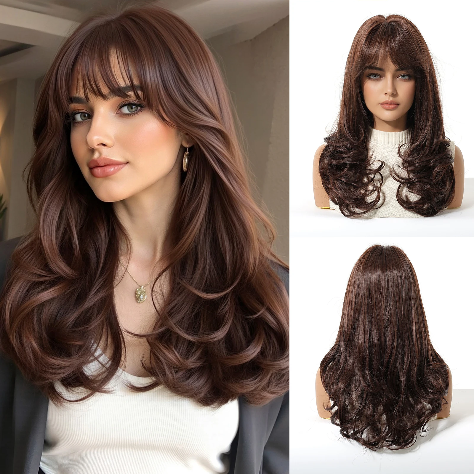 

Темно-коричневые волнистые синтетические парики боб с челкой, длинный парик из натуральных волос для женщин, повседневные вечерние, косплей, термостойкое волокно