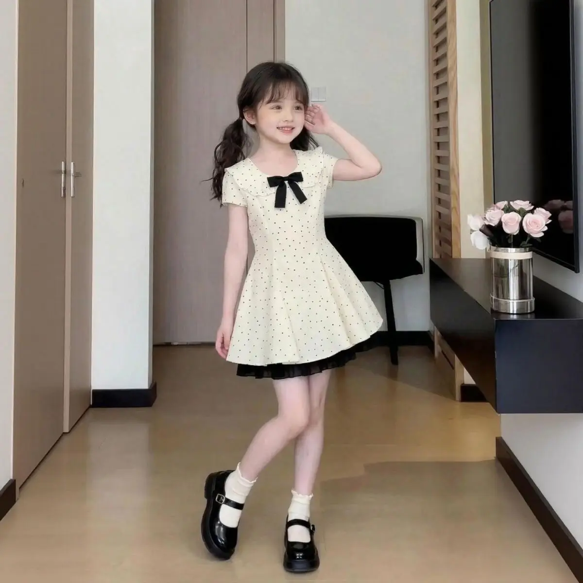 Girls Polka Dot Short Sleeve Dress with Bow, Cute A-Line Casual Sundress for Toddler & Little Girls Summer, Black & White Style