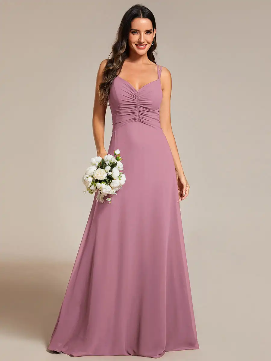 

Elegant Evening Dresses V Neck Spaghetti Straps Ruched Empire Wais 2024 BAZIIINGAAA of Orchid Chiffon Bridesmaids Dress