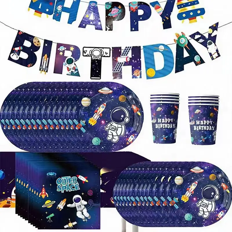 Raum Party Geschirr Weltraum Astronaut Geburtstag Dekoration Tasse Zoll Platte Tischdecke Servietten Banner Für Kinder Liefert – Detail 11