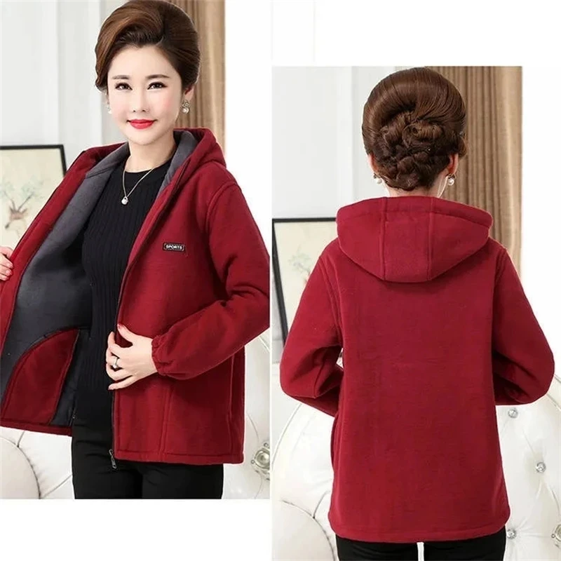 

2025 New Autumn Mid-aged Women Fleece Jackets Casual Overcoat Hooded Collar Warm Jacket Zipper Outerwear Mother Winter Coat 4XL