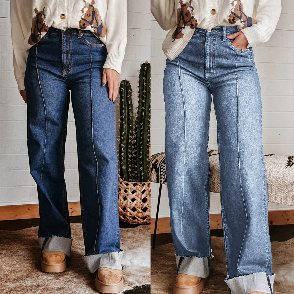 

Women's High Waist Straight Jeans Vintage Cuffed Wide Leg Denim Pants Casual Slimming Streetwear Baggy Loose Denim Pants Spring