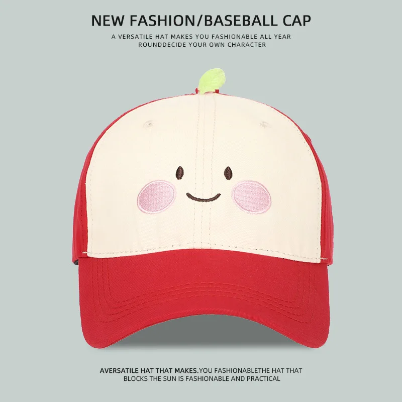 Sweet and Cute Cartoon Embroidered Dopamine Baseball Hat for Women, Wide Eaves, Deep Top, Big Head Circumference, Sunshade and S