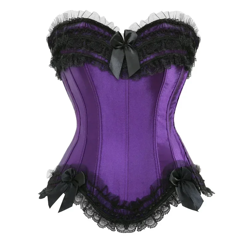 Satin Overbust Corset Top Women Gothic Victorian Lace Up Zip Overbust Bustier with Bowknot White Bridal Lingerier@0Z*