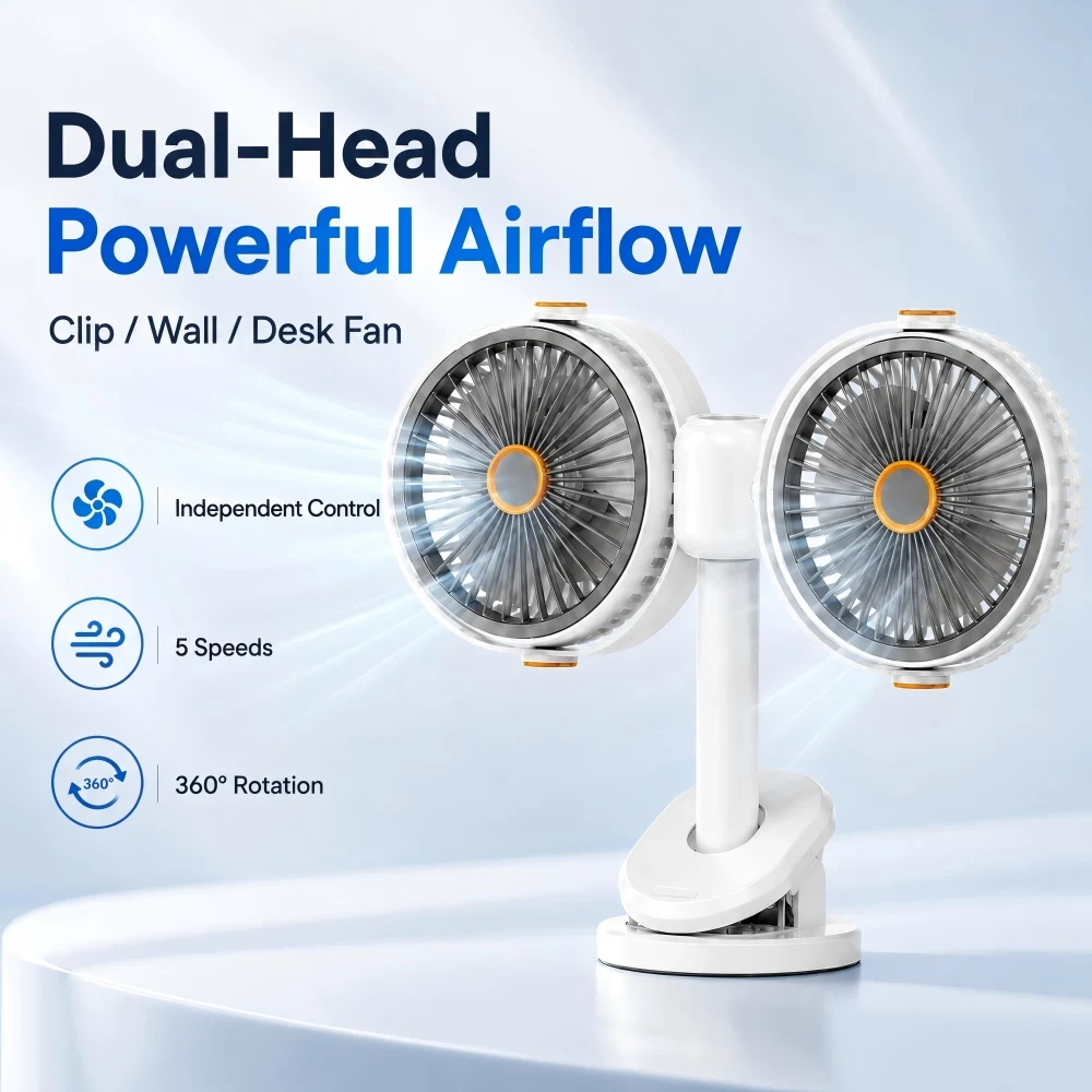 Ventilador de Clipe com Duas Cabeças, 2 Baterias de 1200mAh, Recarregável via USB, 5 Velocidades, Rotação de 360 Graus para Mesa, Camping e Carro
