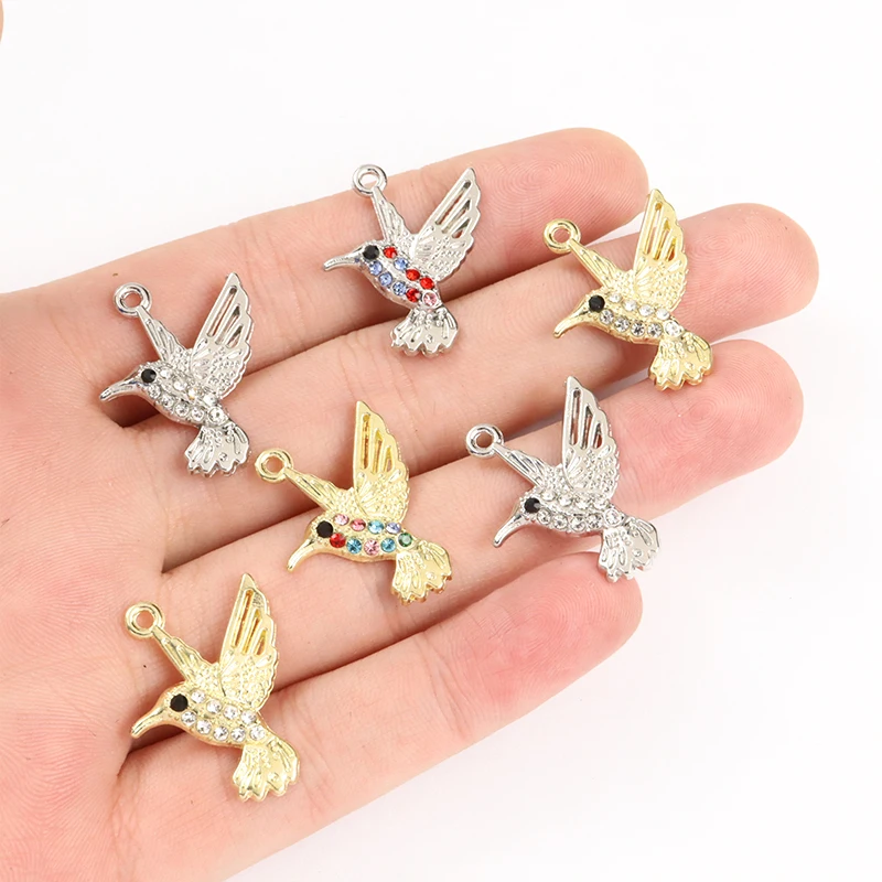 10pcs Cute Hummingbird Charms Crystal Rhinestone Lovely Birds Pendants Fashion Accessories for Jewelry Making Bracelets Necklace