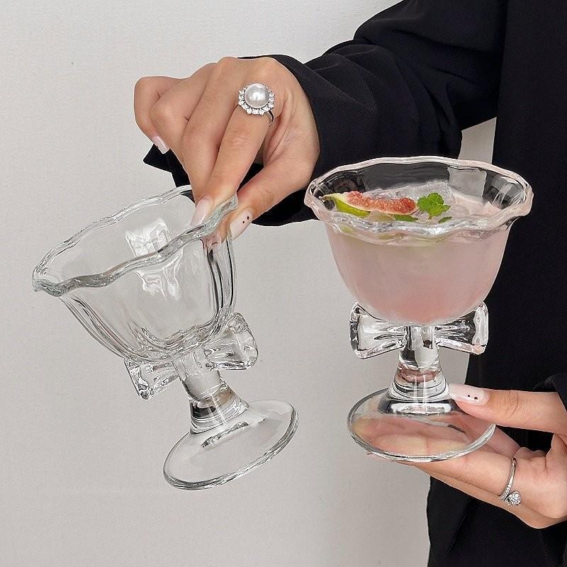  ♩Bow Glass Cute Water Cup Cartoon Bow Glass Cup Striped Cute Doodle Coffee Mug Household Fruit Tea Lemonade Girls Gift 