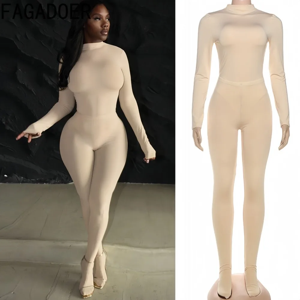 

FAGADOER Sexy Bodycon Woman 2 Piece Set Outfit Solid Color Long Sleeve Bodysuit + Leggings Matching Female Streetwear Clothing