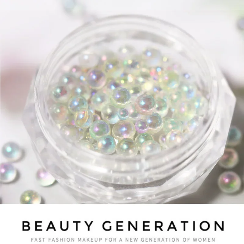 ชุดตกแต่งเล็บมุก 1 กล่อง ชาร์มตกแต่งเล็บสีขาวม่วง รูปทรงกลม อะไหล่ตกแต่งเล็บ ลูกปัดเหล็กสีทอง ลูกบอลประดับเล็บสำหรับตกแต่งเล็บ