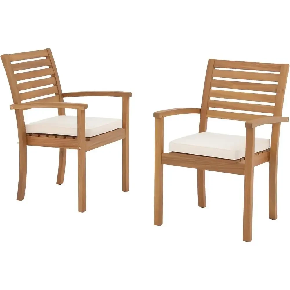 Stackable Outdoor Acacia Wood Patio Chairs Set of 2 with Armrests and Removable Beige Fabric Cushions