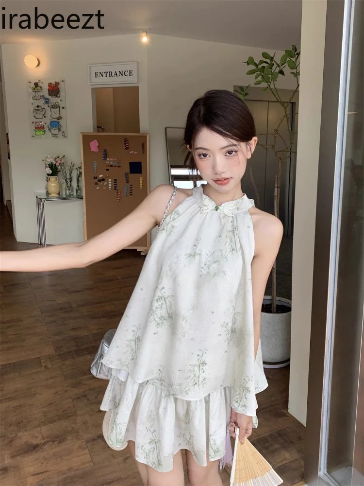 New Chinese Set Female Retro Jacquard Hanging Neck Vest Summer Cake Hsaped Skirt Two-piece Set Casual Conjuntos De Mujer