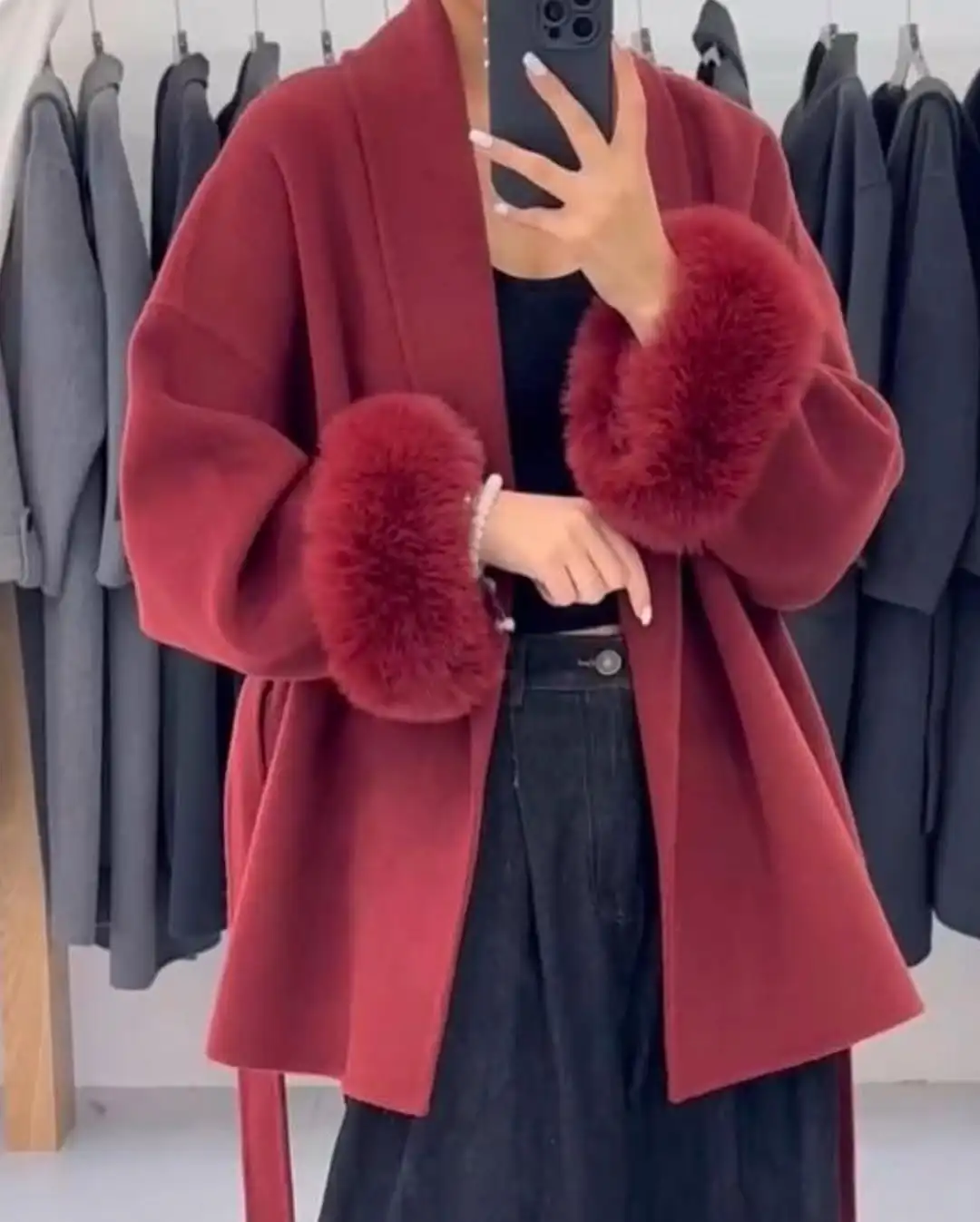 Solid Woolen Blend Fur Cuff Coat Women Loose Lapel Furry Belt Long Sleeve Female Jacket New 2025 Autumn Winter Lady Chic Outwear