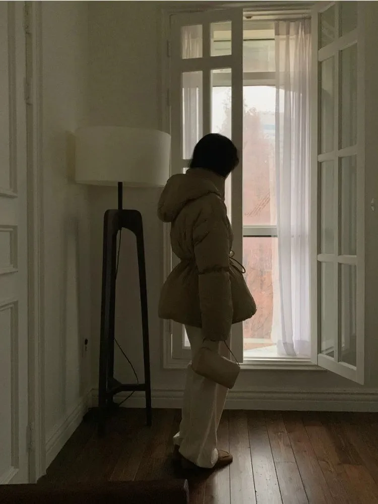 دافئ Dstring الخصر مقنعين القطن Jaet ort المرأة Sle خمر العصرية تخفيف طويل Sve سستة معطف لون نقي