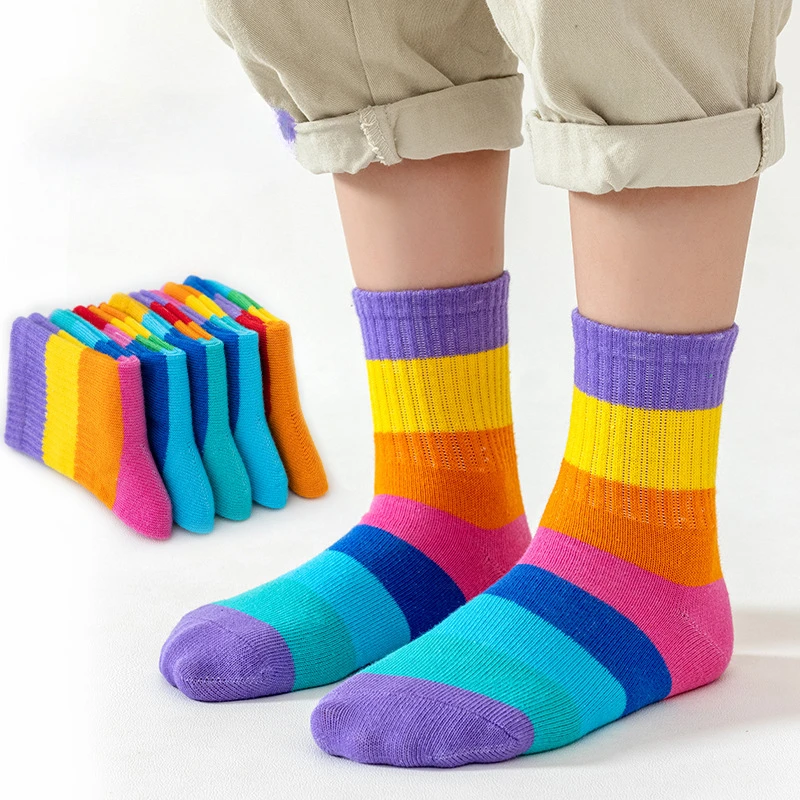 5 Pairs of Baby Socks Elastic Anti-ball Unleering Spring and Autumn Fashion Personality Rainbow Cotton Socks for Boys and Girls