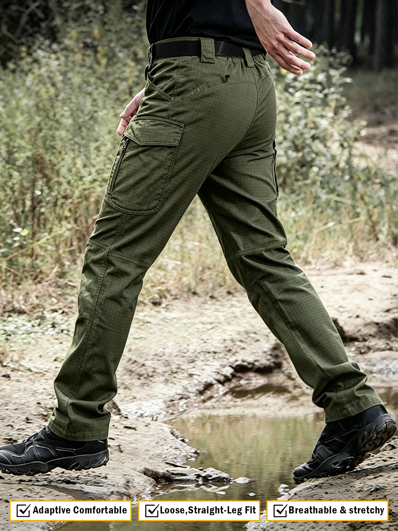 Men's Flex Tactical Pants, Lightweight Ripstop Tactical Cargo Pants, Outdoor Commuting and Training Pants, Abrasion-Resistant, Water Resistant Cargo Pants, Work Pants Multi Pockets Hiking Outdoor Casual Pants, Durable Trousers,  (No Belt, Army Green) - view 6