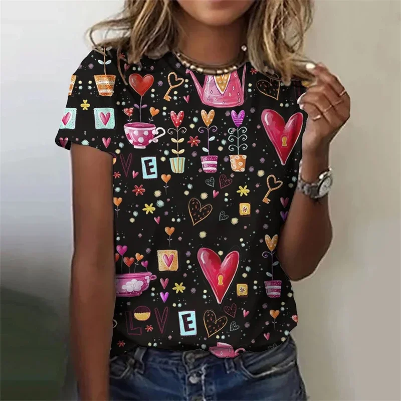 女性 3D ラブハートプリント Tシャツ安い服女性のためのストリートカジュアルファッション女性 Tシャツ服原宿 Tシャツトップス Y2K
