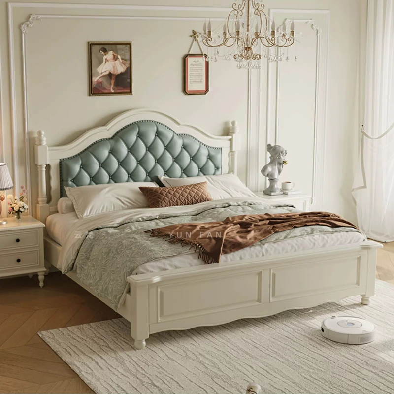 LH Cream White Headboard Bed with Genuine Wood Soft Backrest Solid Wood Bed